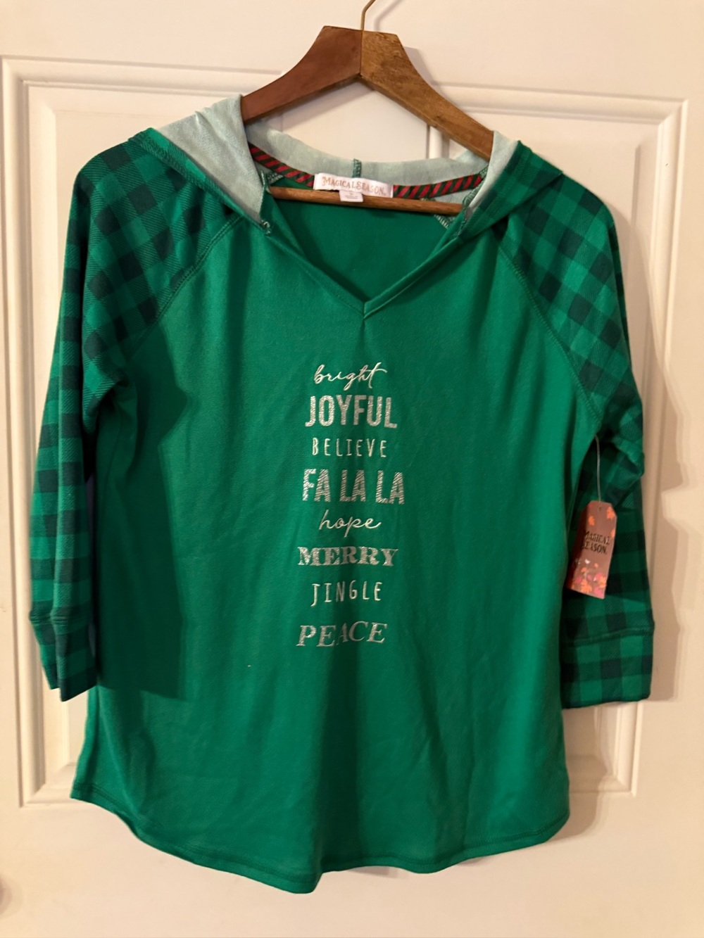 Women”s' Magical Season’s Green Holiday Hooded Top - Joyful Graphic